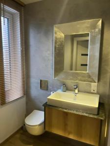 a bathroom with a sink and a toilet and a mirror at Apartament Błękitna Mewa Mosty in Mosty