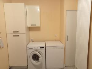 eine Waschküche mit einer Waschmaschine und einem Schrank in der Unterkunft Bel appartement lumineux avec terrasse proche centre ville et plages in Douarnenez