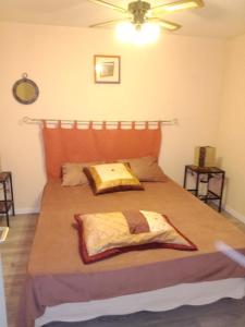 een slaapkamer met een groot bed en een deken bij Chambres d'hôtes Ruoms sud Ardèche in Ruoms +10 foto's