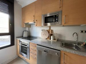 una cocina con fregadero y microondas en Apartamento La Añaza, en Villanúa 12 fotos más