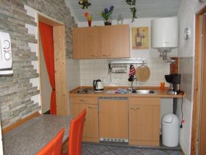 a small kitchen with wooden cabinets and a sink at Wohnung in LübbenauSpreewald mit Garten, Terrasse und Grill in Lübbenau