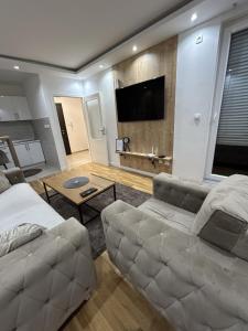 a living room with a couch and a flat screen tv at Apartment Sun & Moon in Sarajevo