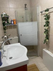 ein Bad mit einer Dusche, einem Waschbecken und einem WC in der Unterkunft צימר אלין בכפר in Kiryat Ekron