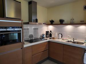 a kitchen with a sink and a stove top oven at Panoramablick Winterberg - 3 Zimmer in Winterberg