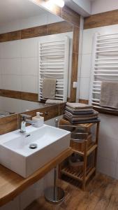 een badkamer met een witte wastafel en een spiegel bij Apartmán Anglický roh in Františkovy Lázně