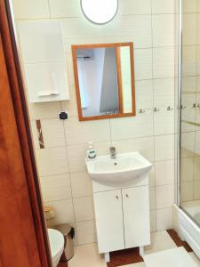 a bathroom with a sink and a mirror and a toilet at Willa WiK in Rewal
