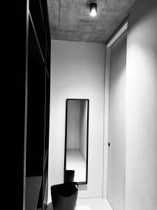 a bathroom with a mirror and a black toilet at Design Flat Hidden Pearl Davos in Davos