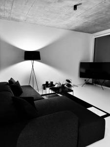 a living room with a black couch and a flat screen tv at Design Flat Hidden Pearl Davos in Davos