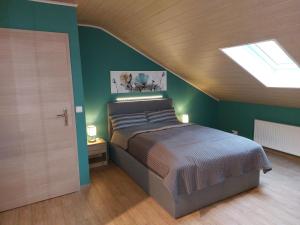 Pöhlde的住宿－Cozy holiday apartment in the Harz，一间卧室配有一张带绿色墙壁和天窗的床。