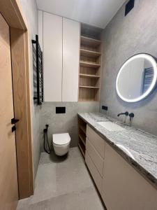 a bathroom with a toilet and a sink and a mirror at Apartament Zdrojowy Zakątek in Busko-Zdrój