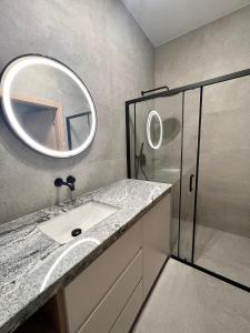 uma casa de banho com um lavatório e um espelho em Apartament Zdrojowy Zakątek em Busko-Zdrój
