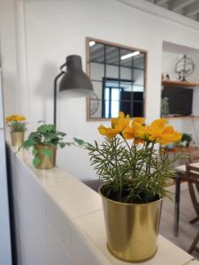 un vaso con fiori gialli seduto su un bancone di Fenais da Luz House a Fenais da Luz