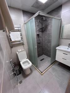 een badkamer met een douche, een toilet en een wastafel bij Jupiter in Baku