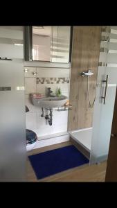 a bathroom with a sink and a bath tub at Aussichtszimmer mit modernem Glasbad und Balkon in Koblenz