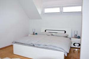1 dormitorio blanco con 1 cama y 2 ventanas en Apartment in the center of Kranj en Kranj