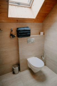 bagno con servizi igienici bianchi e lucernario. di U dvou studní a Loučná nad Desnou
