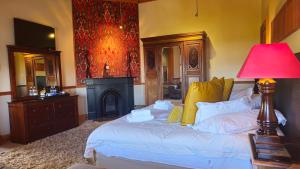 a bedroom with a bed with a lamp and a fireplace at Wilton Manor NO LOADSHEDDING in Cape Town