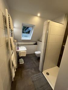 een kleine badkamer met een toilet en een wastafel bij Seeterrasse in Versmold