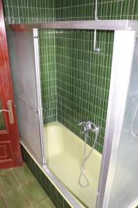 y baño de azulejos verdes con ducha y manguera. en Chalet céntrico/costero en Gijón, en Gijón