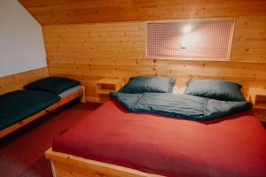 Habitación con cama en una cabaña de madera en U dvou studní, en Loučná nad Desnou