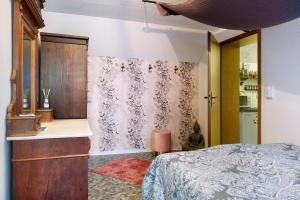 a bedroom with a bed and a curtain at Mole Valley Ranch Fewo2 in Elmlohe