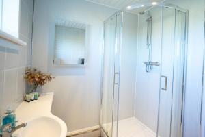 ein Bad mit einer Dusche, einem WC und einem Waschbecken in der Unterkunft Lovely 3-bedroom flat with free parking in Bridge of Allan