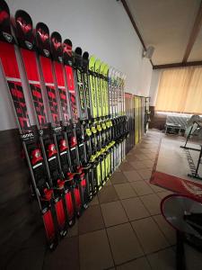 a row of skis are lined up in a room at Hotel Europa in Molveno