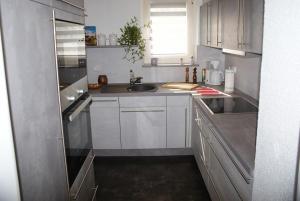 eine kleine Küche mit einer Spüle und einer Arbeitsplatte in der Unterkunft Schöne Aussicht am Strand - ABC304 in Wismar
