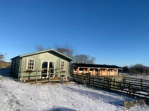 ein kleines grünes Gebäude mit einem Zaun auf einem Feld in der Unterkunft Peaceful Log Cabin next to Horse Field in Morpeth