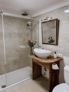 a bathroom with a sink and a shower at Traunsee Design Apartment for 2 People in Gmunden