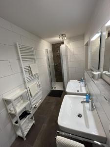 La salle de bains blanche est pourvue d'un lavabo et d'une douche. dans l'établissement Seerose, à Versmold