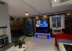 een woonkamer met een flatscreen-tv aan de muur bij Brooklyn Luxury Spring Retreat with Private Outdoor Space in Brooklyn