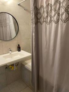a bathroom with a shower curtain and a sink at Moderno y luminoso in Buenos Aires