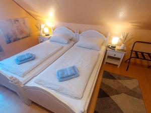 1 dormitorio con 2 camas y toallas. en Landgasthof "Hotel zum Norden", en Jagel