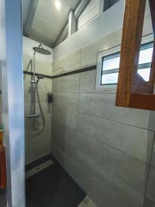 a bathroom with a shower and a window at Caraïbes Cottage Grenat piscine privée 900m de Grande anse in Deshaies