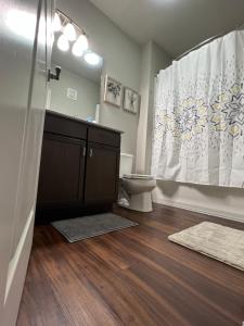 a bathroom with a toilet and a shower curtain at Masterkeys Rentals LLC in Indianapolis