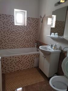 a bathroom with a sink and a tub and a toilet at Casa Theo in Călăraşi