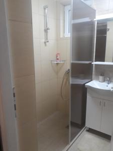 a shower with a glass door next to a sink at Apartmani J&J in Šabac