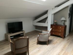 een woonkamer met 2 stoelen en een televisie bij LA MANSARDE in Aix-les-Bains