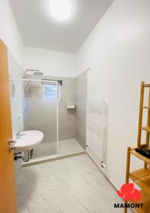 a bathroom with a shower and a sink at Schöne, große Monteurwohnung in Bremen