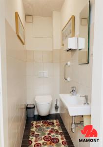 a bathroom with a toilet and a sink and a rug at Schöne, große Monteurwohnung in Bremen