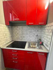 uma cozinha com armários vermelhos e um lavatório em RED Dhomes . Near Nymphaea em Oradea