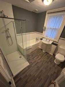a bathroom with a shower and a toilet and a sink at Abba House in Llandudno