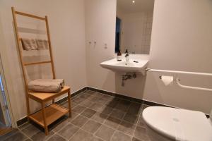 La salle de bains est pourvue de toilettes blanches et d'un lavabo. dans l'établissement Copenhagen ToGo, à Copenhague