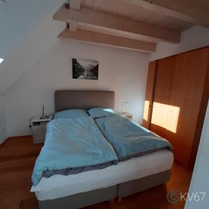 a bedroom with a bed with a blue comforter at Jogilation in Sankt Jakob im Walde