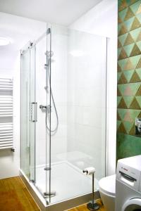 a shower with a glass door in a bathroom at Goldengreen Apartment in Kraków