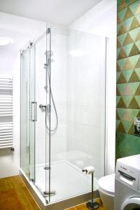 prysznic ze szklanymi drzwiami w łazience w obiekcie Goldengreen Apartment w Krakowie