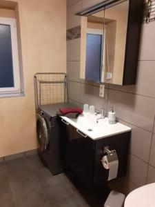 a bathroom with a sink and a washing machine at Am Eulenwald in Marpingen