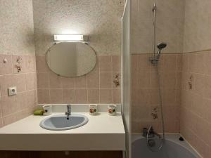 Un baño con lavabo, espejo y ducha. en 513 - Appartement T3 avec pleine vue mer, en Erquy