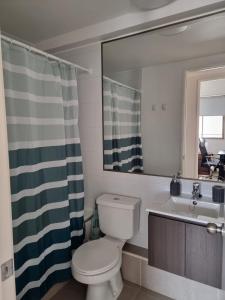 a bathroom with a toilet and a sink and a mirror at El Faro Antofagasta in Antofagasta